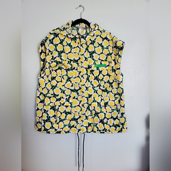 Women's Nylon Packable Yellow Poppy Short Sleeve Hooded Vest DVF - Picture 4 of 9